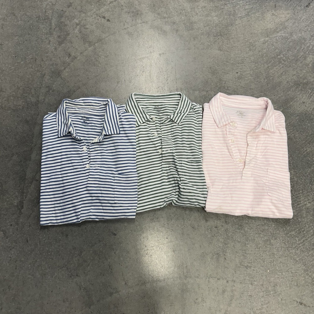 J Crew Knit Goods Polo Shirt Lot 3 Mens L Slub Cotton Striped Blue Green Pink